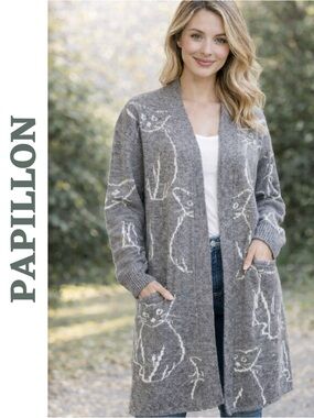 Papillon Cat Knit Cardigan Grey Long Duster Medium NWT